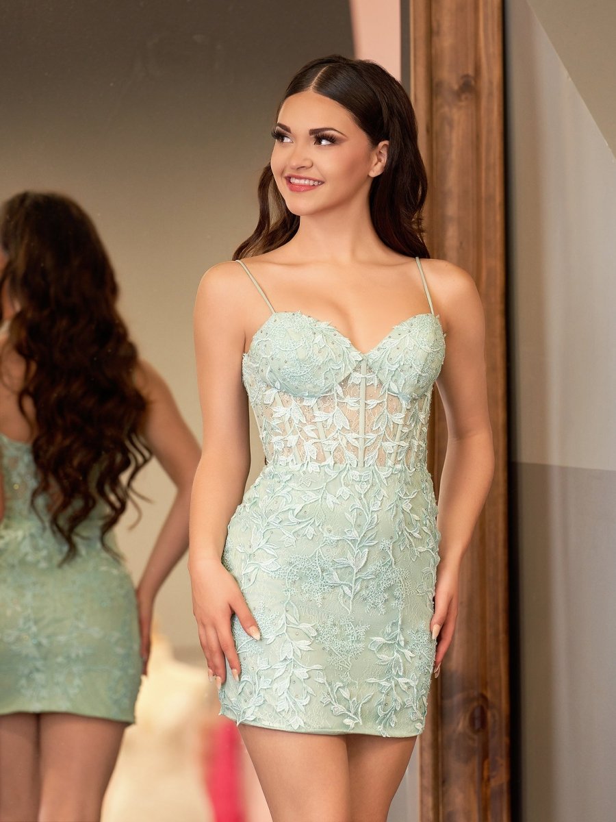 Yellow Spaghetti Straps Tight Short Homecoming Dress with Appliques