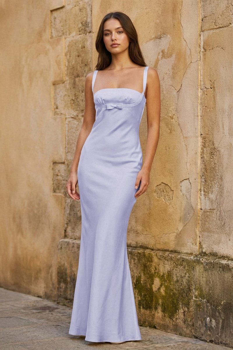 Yellow Square Neck Mermaid Satin Long Prom Dresses With Bowknot