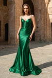 Plunge Neck Black Satin Mermaid Long Prom Dress