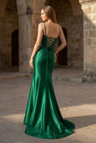 Plunge Neck Black Satin Mermaid Long Prom Dress