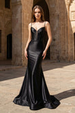 Plunge Neck Black Satin Mermaid Long Prom Dress