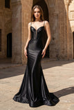 Plunge Neck Black Satin Mermaid Long Prom Dress