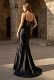 Plunge Neck Black Satin Mermaid Long Prom Dress