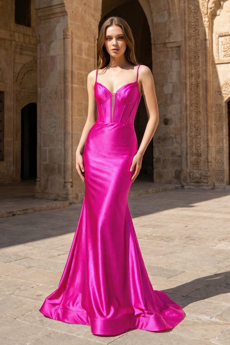 Plunge Neck Black Satin Mermaid Long Prom Dress
