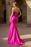 Plunge Neck Black Satin Mermaid Long Prom Dress