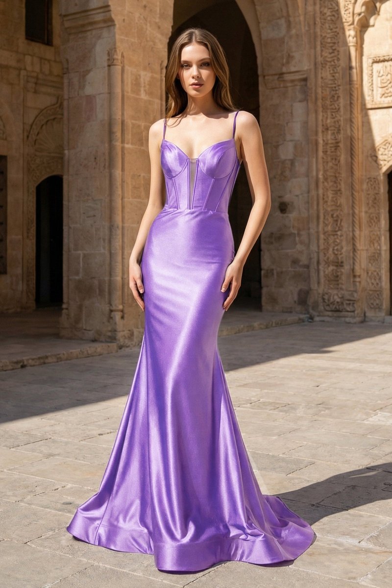 Plunge Neck Black Satin Mermaid Long Prom Dress