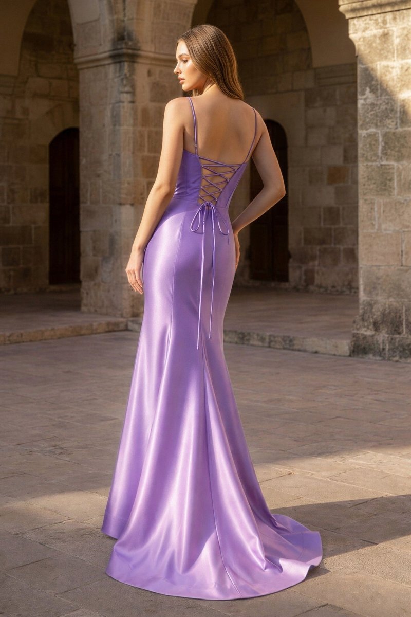 Plunge Neck Black Satin Mermaid Long Prom Dress