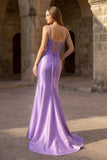 Plunge Neck Black Satin Mermaid Long Prom Dress
