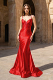 Plunge Neck Black Satin Mermaid Long Prom Dress