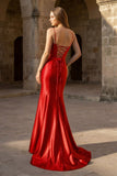 Plunge Neck Black Satin Mermaid Long Prom Dress