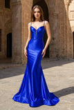 Plunge Neck Black Satin Mermaid Long Prom Dress