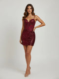 Burgundy Sheath V-Neck Sequined Short Homecoming Dress with Beading