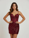Burgundy Sheath V-Neck Sequined Short Homecoming Dress with Beading