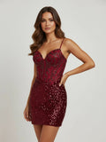 Burgundy Sheath V-Neck Sequined Short Homecoming Dress with Beading