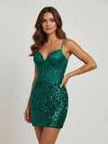 Burgundy Sheath V-Neck Sequined Short Homecoming Dress with Beading