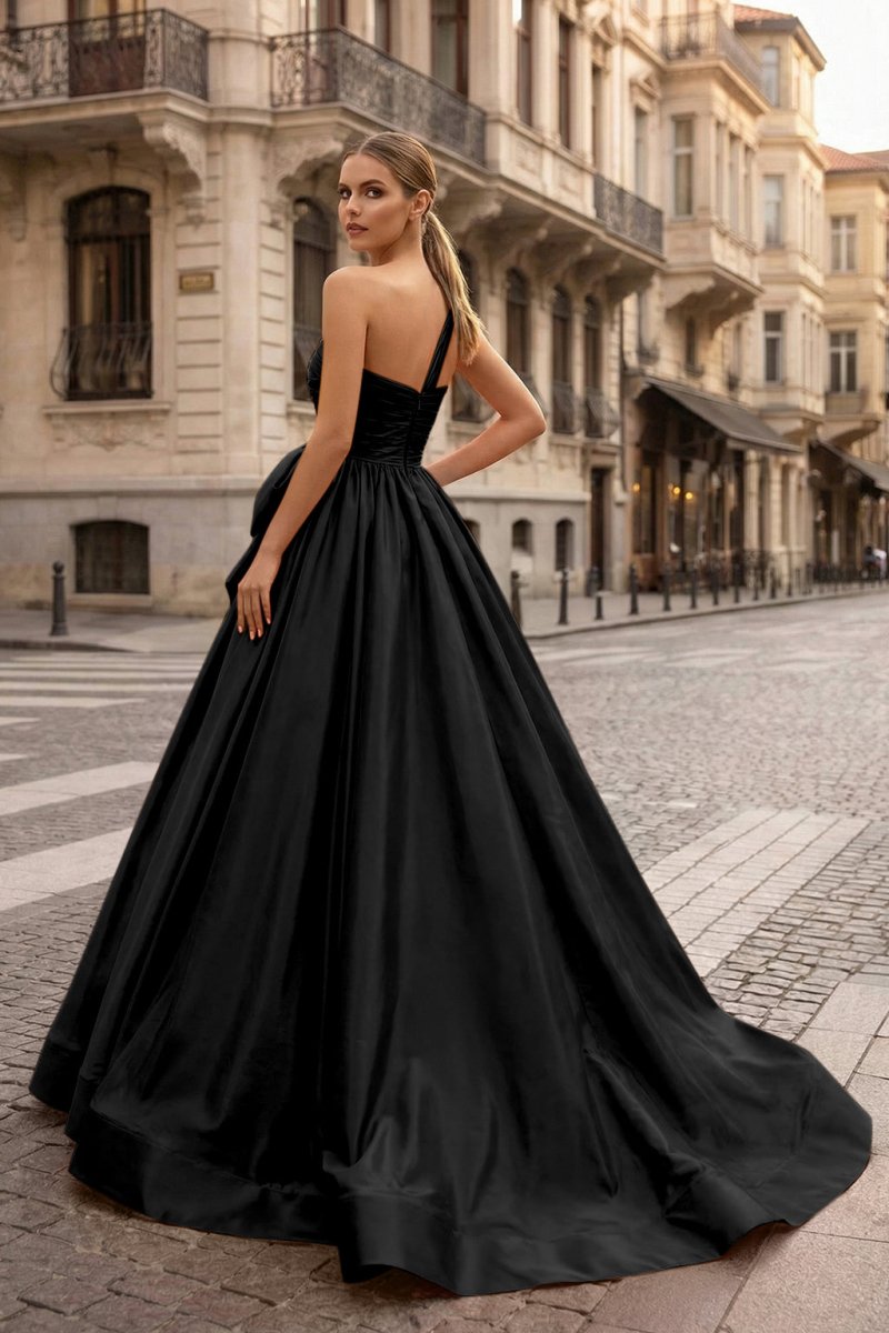 One Shoulder Satin A Line Prom Dress With Bow