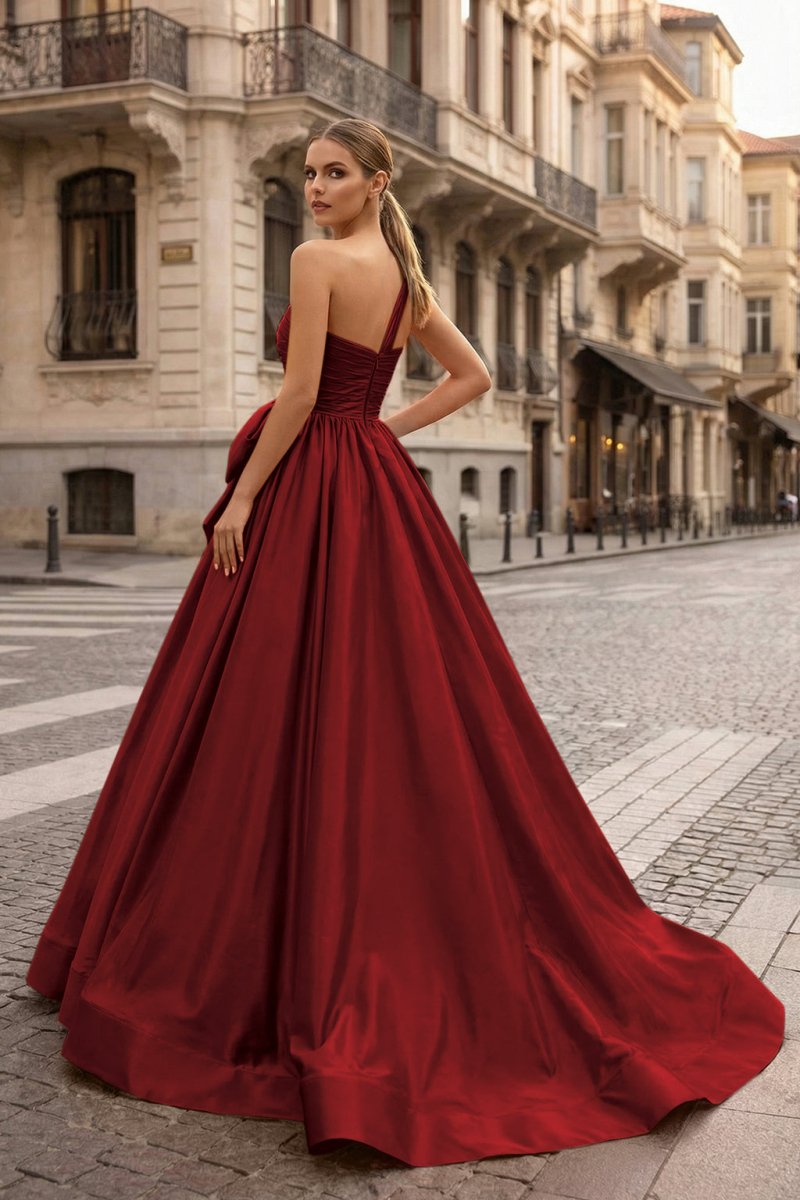 One Shoulder Satin A Line Prom Dress With Bow