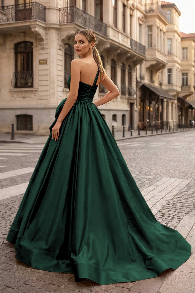 One Shoulder Satin A Line Prom Dress With Bow