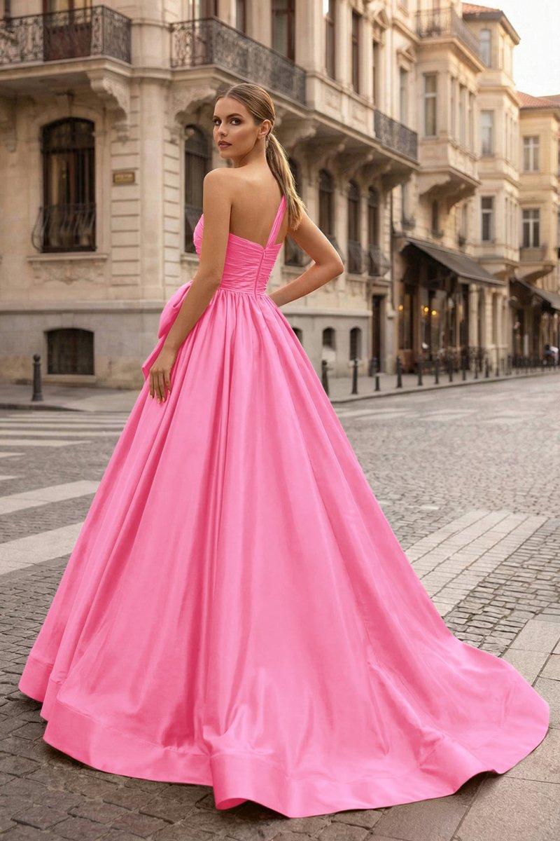 One Shoulder Satin A Line Prom Dress With Bow