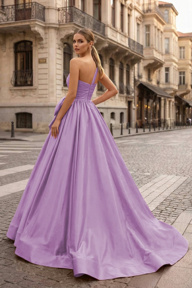 One Shoulder Satin A Line Prom Dress With Bow