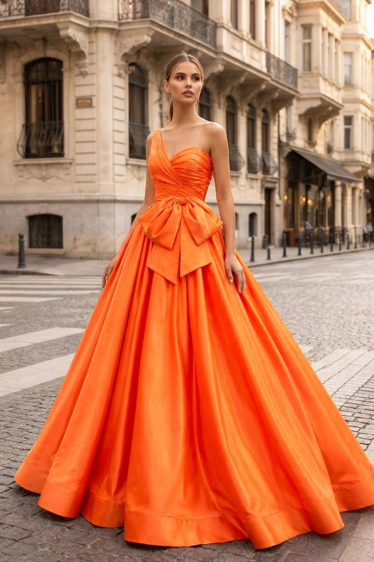 One Shoulder Satin A Line Prom Dress With Bow