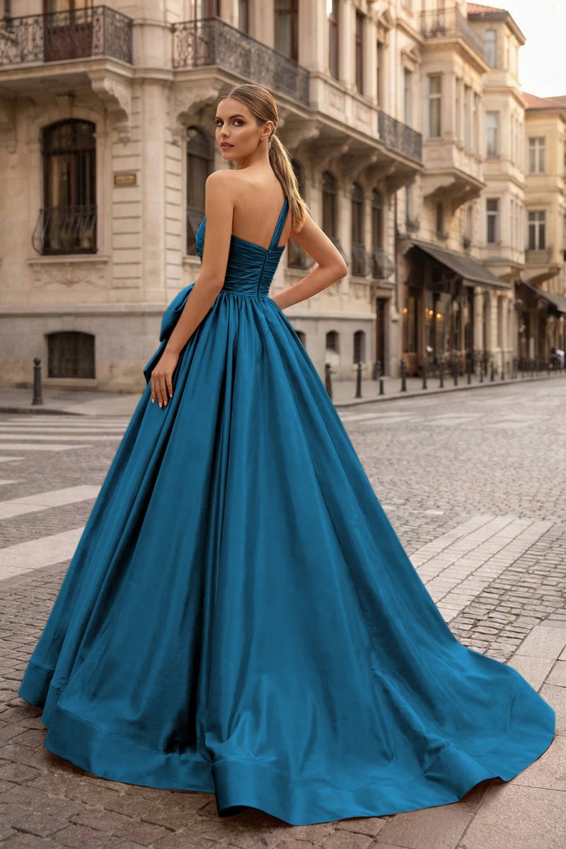 One Shoulder Satin A Line Prom Dress With Bow