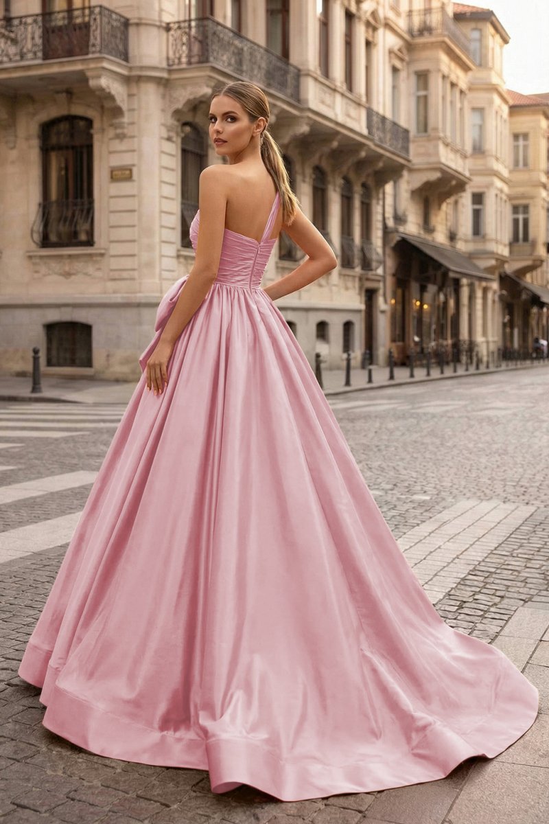One Shoulder Satin A Line Prom Dress With Bow