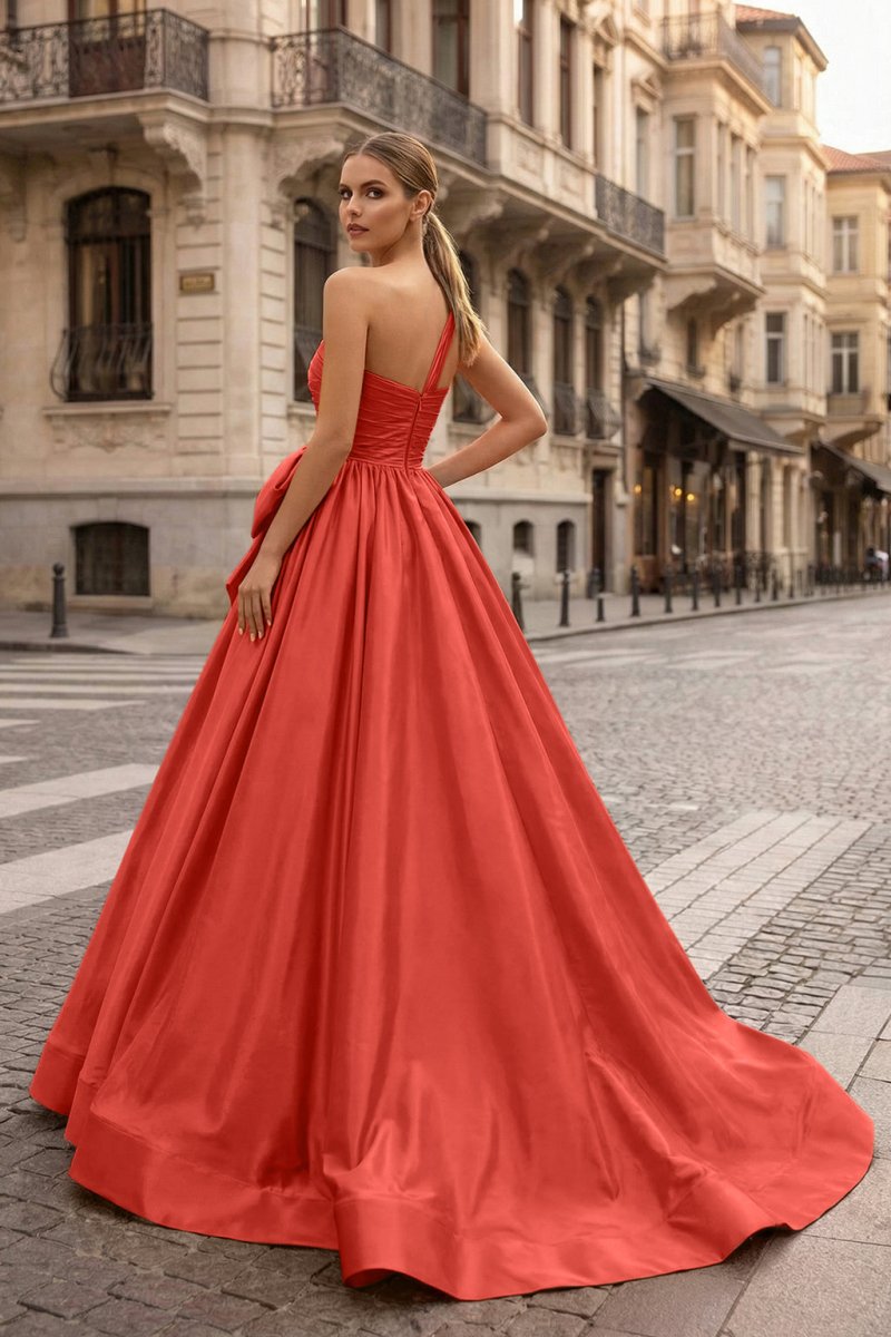 One Shoulder Satin A Line Prom Dress With Bow