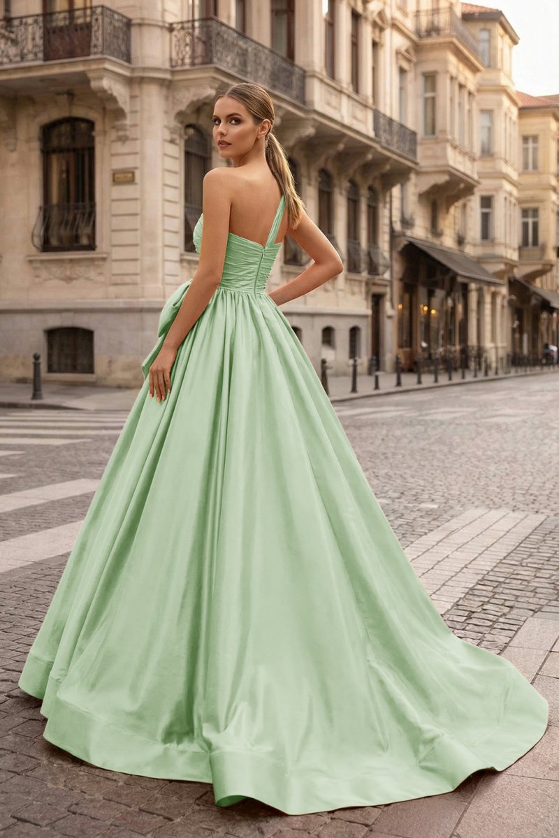 One Shoulder Satin A Line Prom Dress With Bow