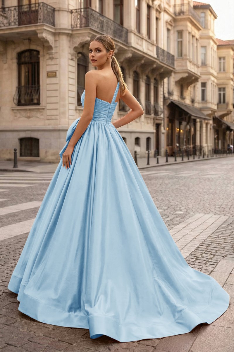 One Shoulder Satin A Line Prom Dress With Bow