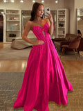 Navy Blue Sweetheart Satin Beaded A Line Long Prom Dresses With Bow