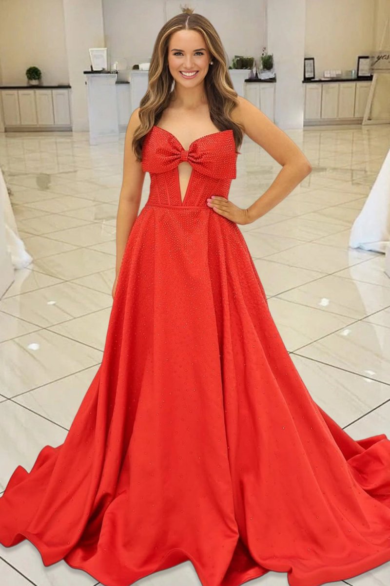 Navy Blue Sweetheart Satin Beaded A Line Long Prom Dresses With Bow