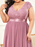 Elegant Lace V-Neck Short Sleeves Chiffon Mother of the Bride Dress Formal Evening Dresses