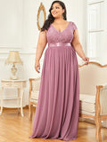 Elegant Lace V-Neck Short Sleeves Chiffon Mother of the Bride Dress Formal Evening Dresses