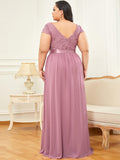 Elegant Lace V-Neck Short Sleeves Chiffon Mother of the Bride Dress Formal Evening Dresses