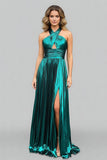 Peacock Blue Halter Neck A-Line Long Prom Dress With Split