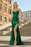 Coral Pink Mermaid Strapless Beaded Satin Long Prom Dresses With Slit
