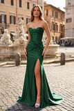 Mermaid Strapless Satin Long Prom Dress With Slit