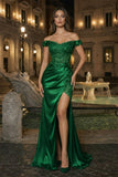 Burgundy Off The Shoulder Mermaid Beaded Satin Long Prom Dresses With Appliques
