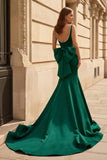 Black Square Neck Mermaid Satin Long Prom Dresses With Pearls