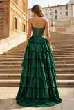 Gray Sweetheart A Line Satin Ruffled Long Prom Dresses With Slit