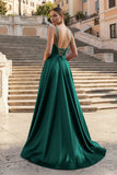 Burgundy Spaghetti Straps A Line Satin Long Prom Dresses With Slit