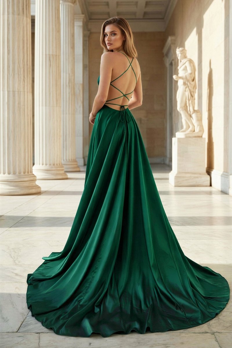 Pink Spaghetti Straps Satin Backless A Line Prom Dress With Pockets