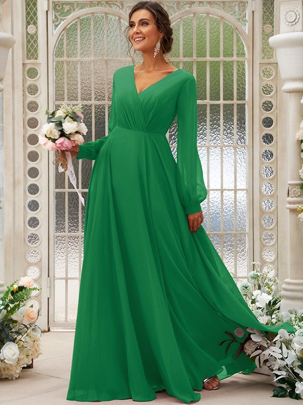 A-Line/Princess Chiffon Ruched V-neck Long Sleeves Floor-Length Bridesmaid Dresses Mother of the Bride Dress