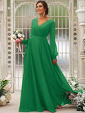 A-Line/Princess Chiffon Ruched V-neck Long Sleeves Floor-Length Bridesmaid Dresses Mother of the Bride Dress