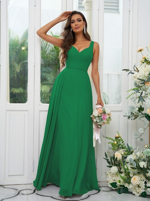 A-Line/Princess Chiffon Ruffles V-neck Sleeveless Floor-Length Bridesmaid Dresses Evening Dress