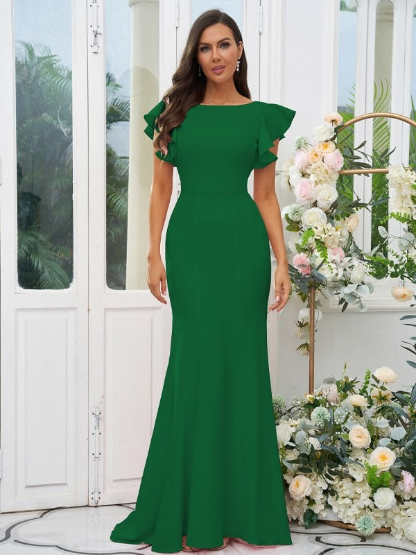 Sheath/Column Stretch Crepe Ruffles Scoop Short Sleeves Sweep/Brush Train Bridesmaid Dresses Evening Dress
