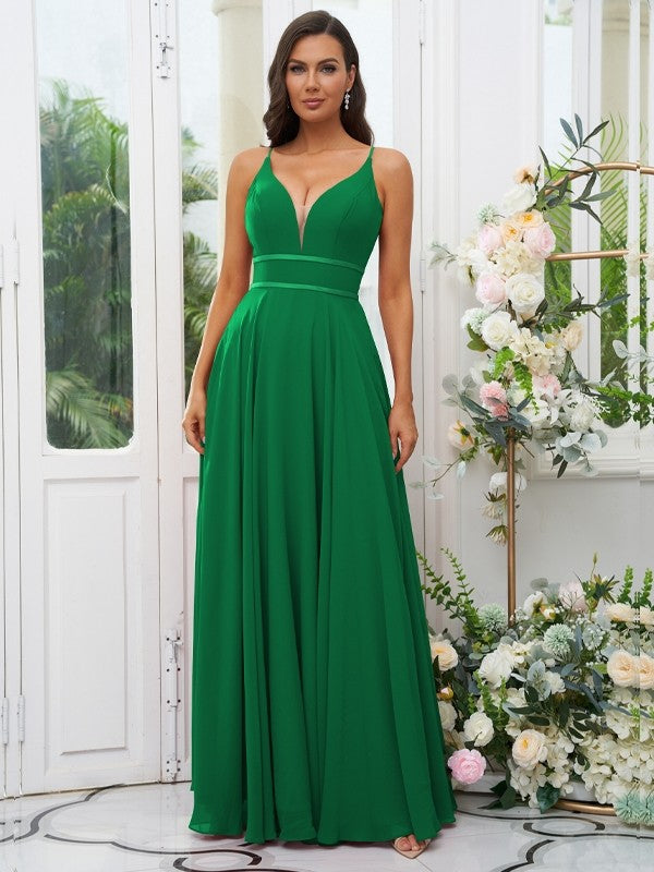 A-Line/Princess Chiffon Ruffles V-neck Sleeveless Floor-Length Bridesmaid Dresses Evening Prom Dress