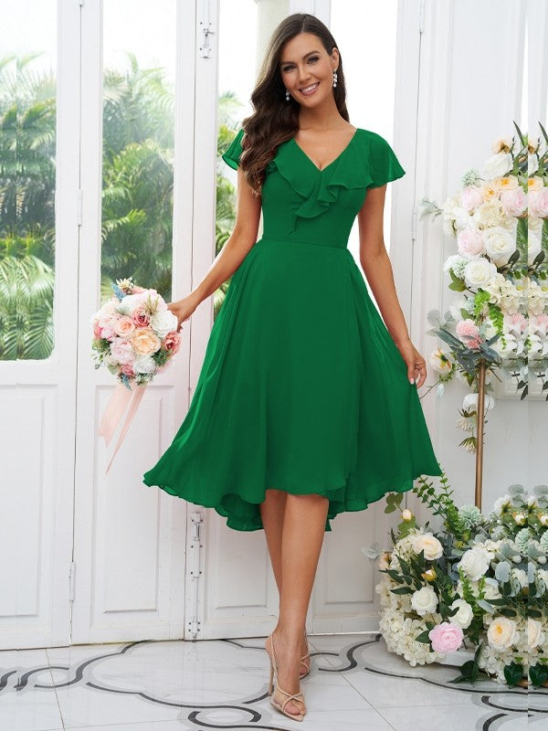 Vestido de dama de honor asimétrico de corte A/princesa, de gasa, con volantes, escote en V y mangas cortas, ideal para invitadas de boda y graduación.