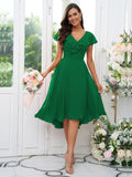 Vestido de dama de honor asimétrico de corte A/princesa, de gasa, con volantes, escote en V y mangas cortas, ideal para invitadas de boda y graduación.